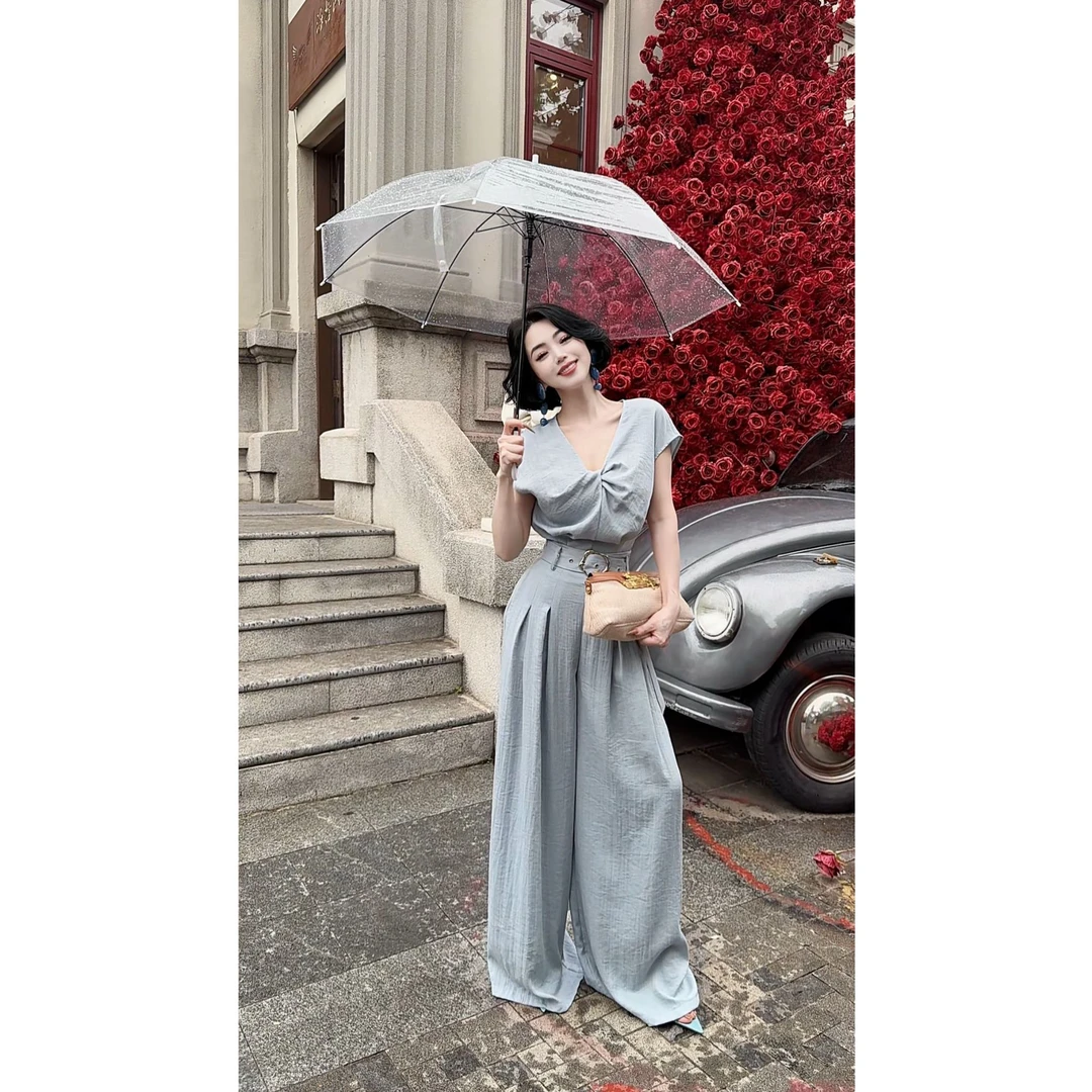 LYXJ【香榭丽蓝雾】亚麻套装2025夏新款收腰显瘦时尚休闲阔腿裤套装