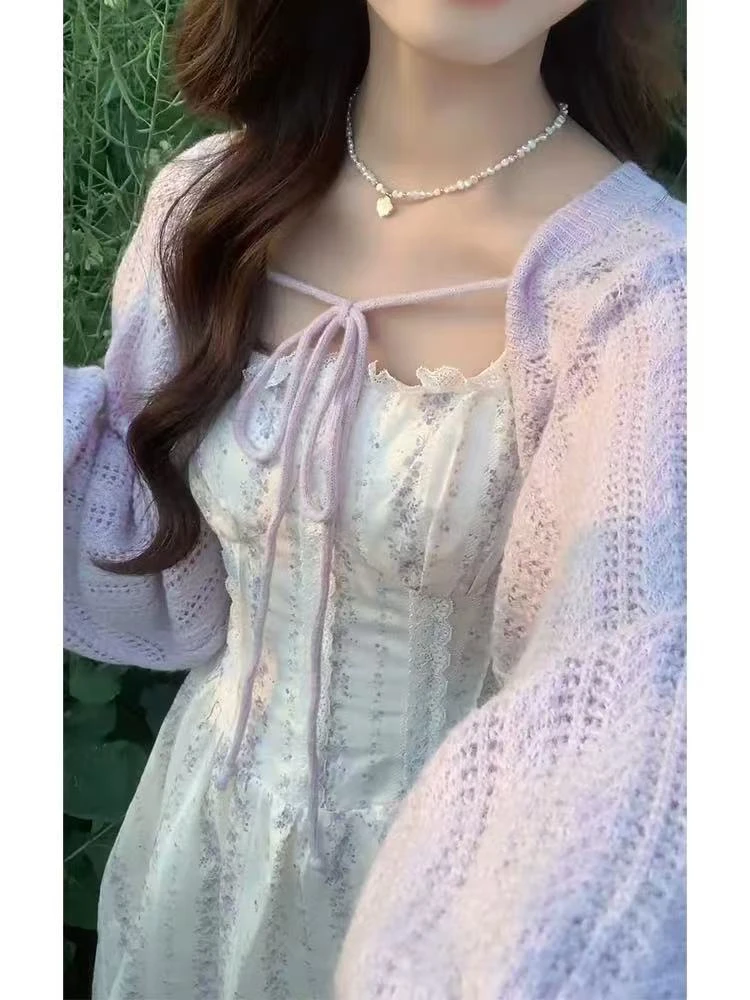 8358 大码女装胖mm柔风花边吊带裙+坎肩针织衫两件套