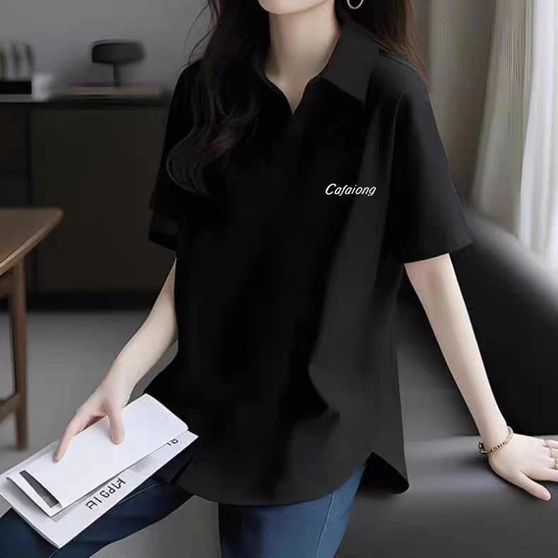 短袖POLO衫女夏大码显瘦休闲白色洋气宽松遮肉遮肚子翻领T恤上衣