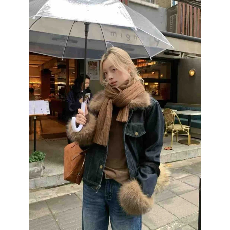 Nice-毛毛领牛仔外套加厚短款百搭复古上衣3251