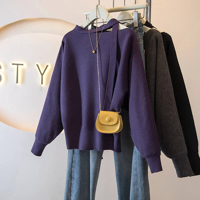 时尚高级感韩系高级感松紧下摆慵懒绑带斜领露肩紫色长袖针织毛衣
