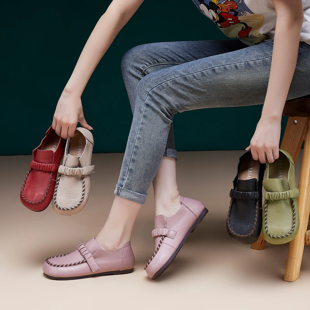 OL145头层牛皮女单鞋秋季复古英伦风软底软面平底舒适女鞋