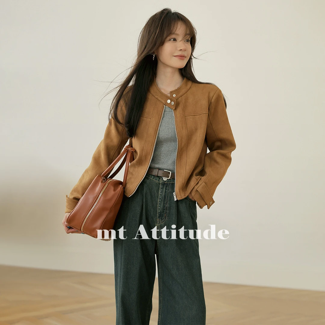 【重百专属】德·玛纳复古麂皮绒机车风小立领拉链休闲短款夹克外套