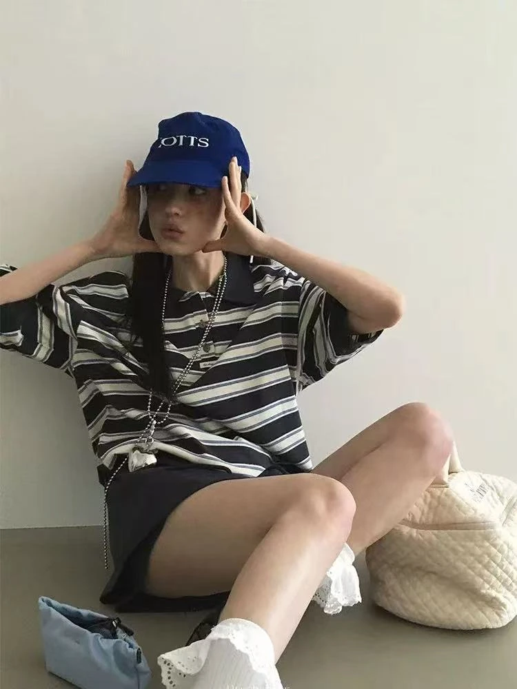 【套装】韩系可爱风V领修身型常规款短袖T恤洋气韩版不规则时尚休闲