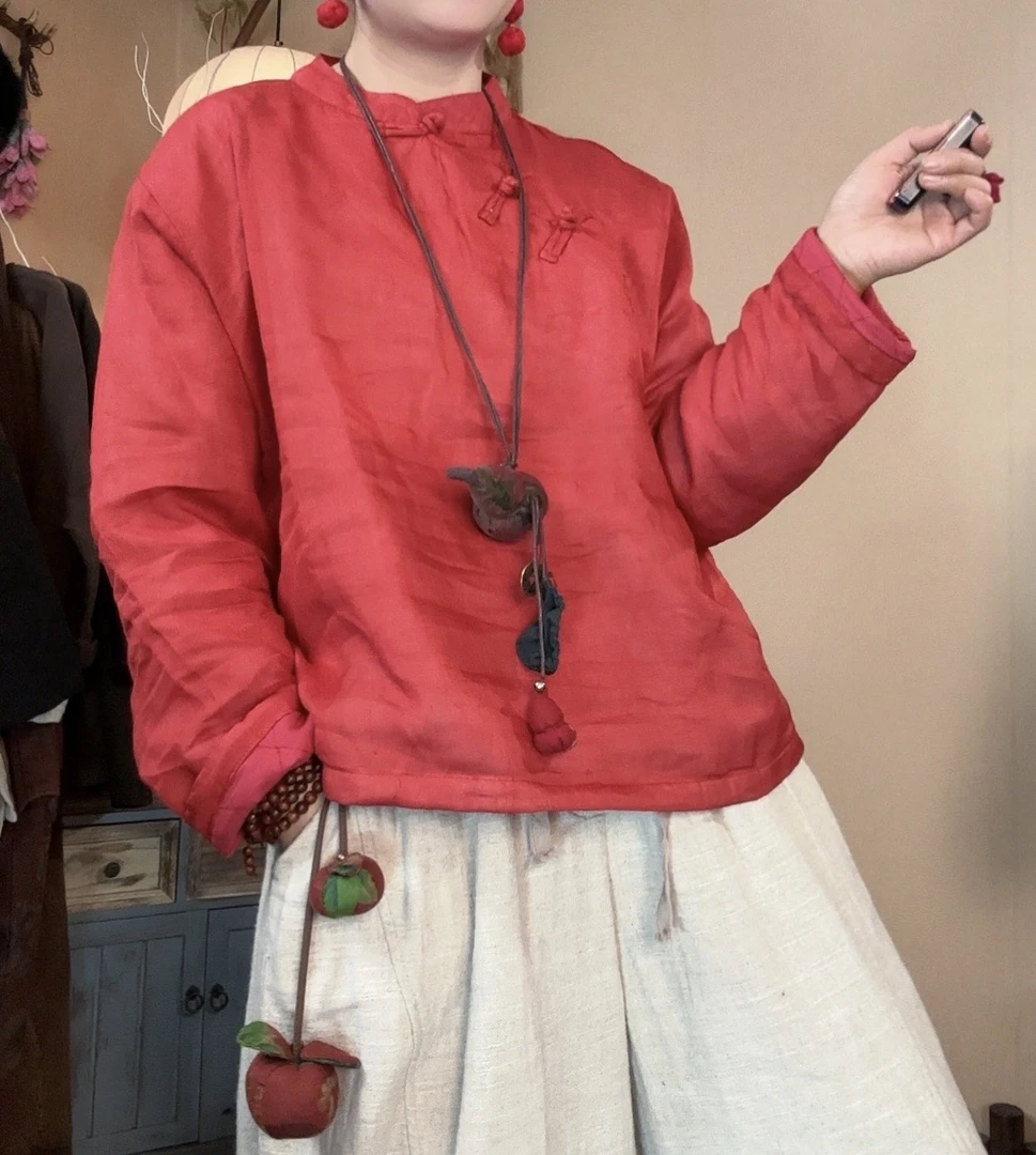 【语禾】3086纯苎麻斜颈盘扣宽松加棉短款上衣棉服衣长59 胸围118