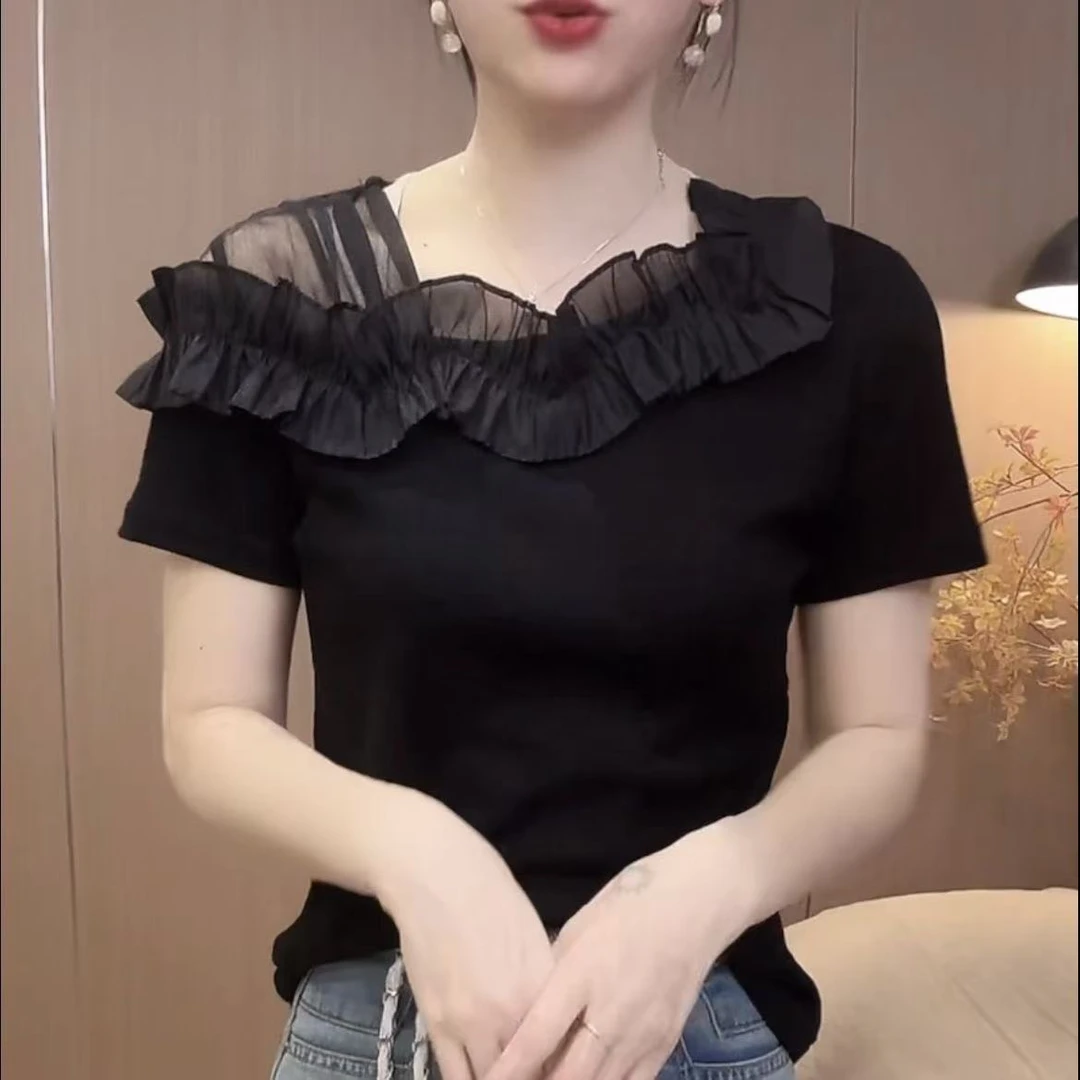 2025夏季不规则百搭洋气设计漏肩显瘦女士荷叶边气质时尚短袖T恤