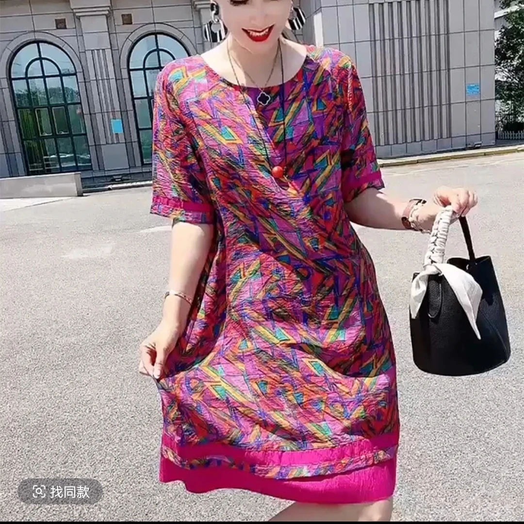 夏季新款碎花七彩拼接宽松遮肚气质时尚休闲连衣裙