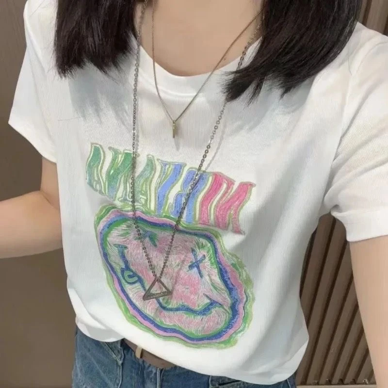 宽松型ins印花轻职风宽松韩版T恤打底轻奢纯棉短袖T恤显瘦上衣