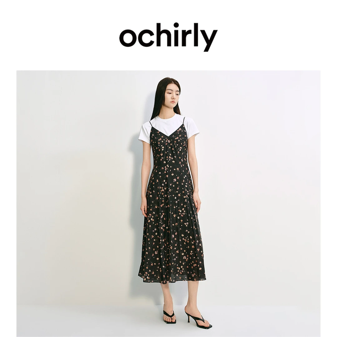 OCHIRLY欧时力 碎花V领吊带连衣裙中长法式度假裙气质2025夏新品