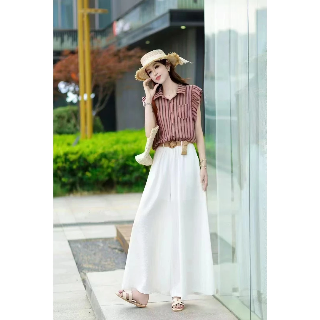 069款-小香风短袖条纹衬衫套装女2025年新款阔腿裤两件套套装