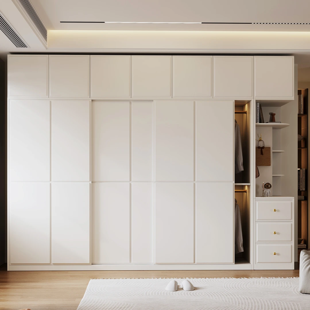 奶油风推拉门衣柜家用主卧衣帽间简约出租房移门储物衣橱法式衣柜