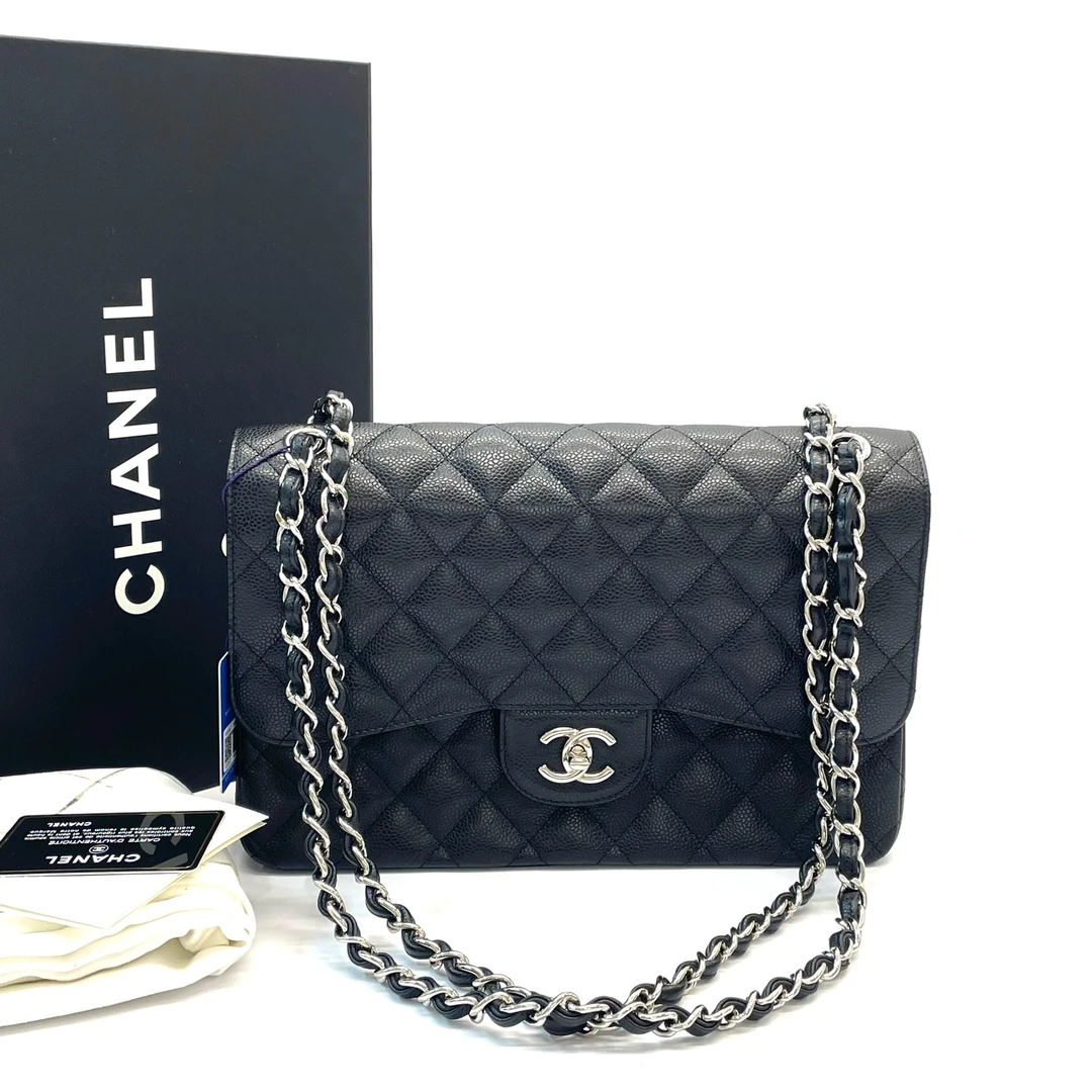 95新 Chanel/香奈儿 98新CF系列 jumbo黑银荔枝纹牛皮链条包 大号