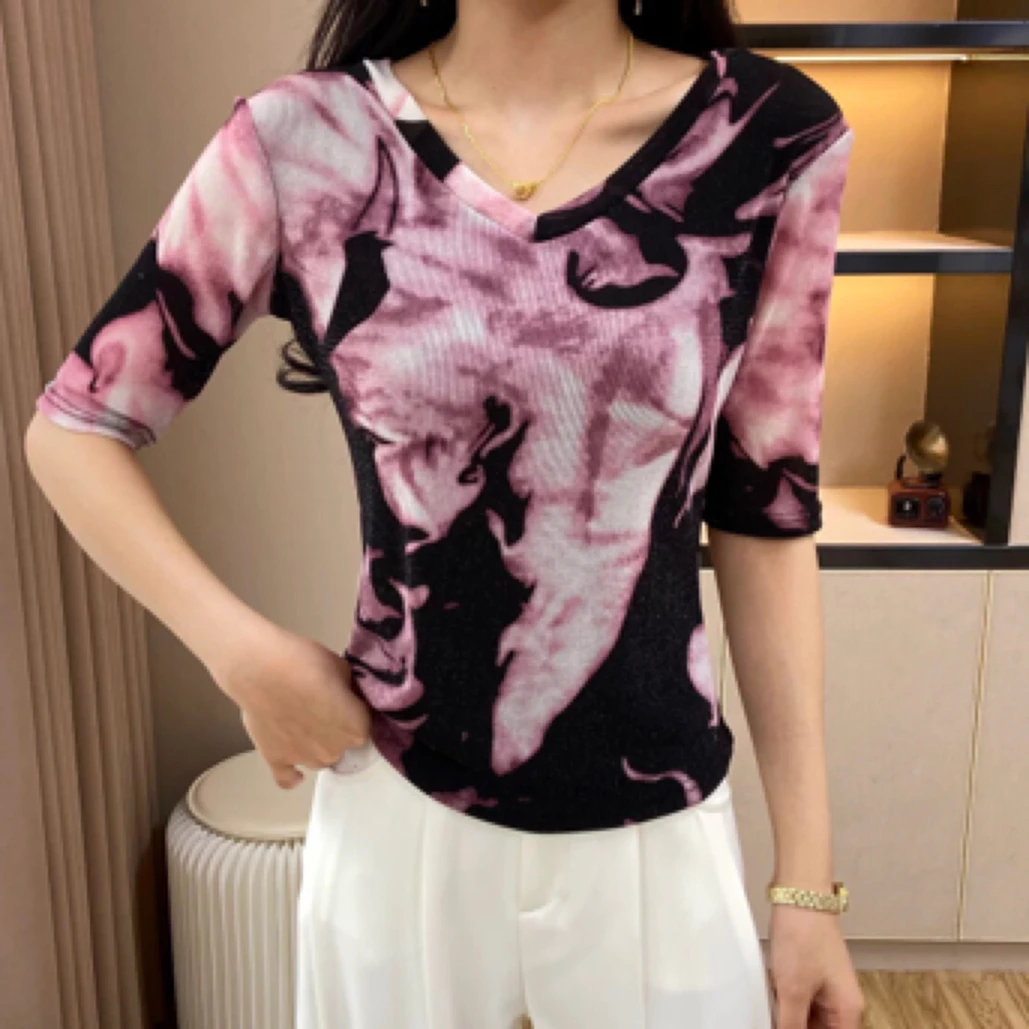 女士春夏款设计师百搭中袖印花上衣