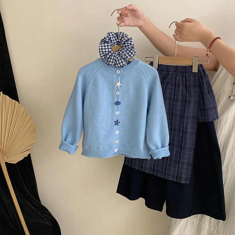 【安安家】女童秋季新款简约毛衣针织开衫屁帘休闲裤三件套潮R25545