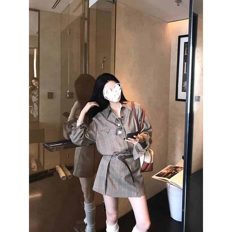 设计感小众宽松千鸟格子衬衫女春季新款长袖上衣半身裙短裙两件套