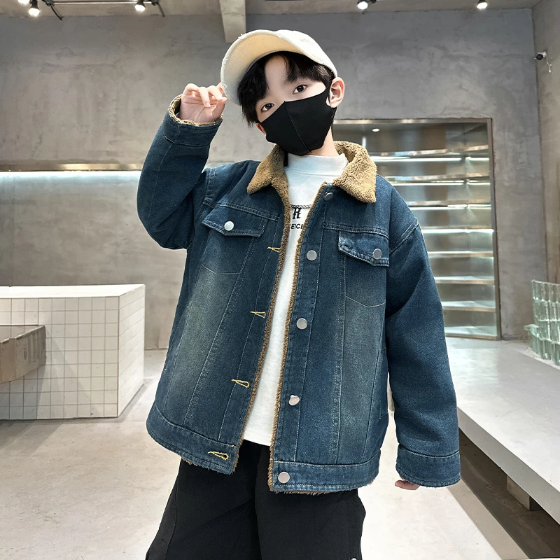 儿童装男童冬装加绒牛仔外套2025新款中大童秋冬款男孩冬季加厚潮