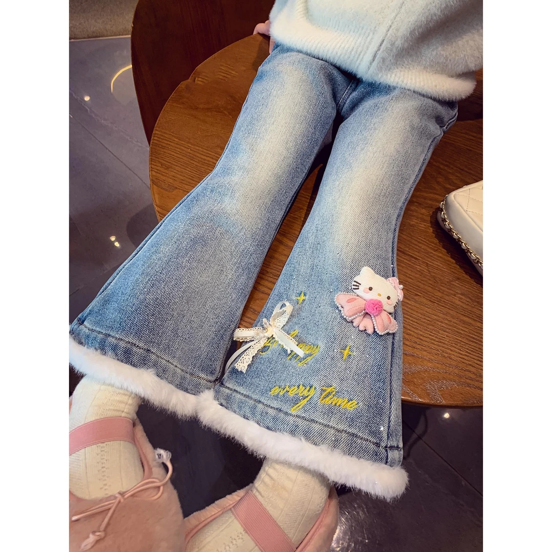 女童加绒牛仔裤冬装2025新款儿童一体绒长裤小女孩喇叭裤