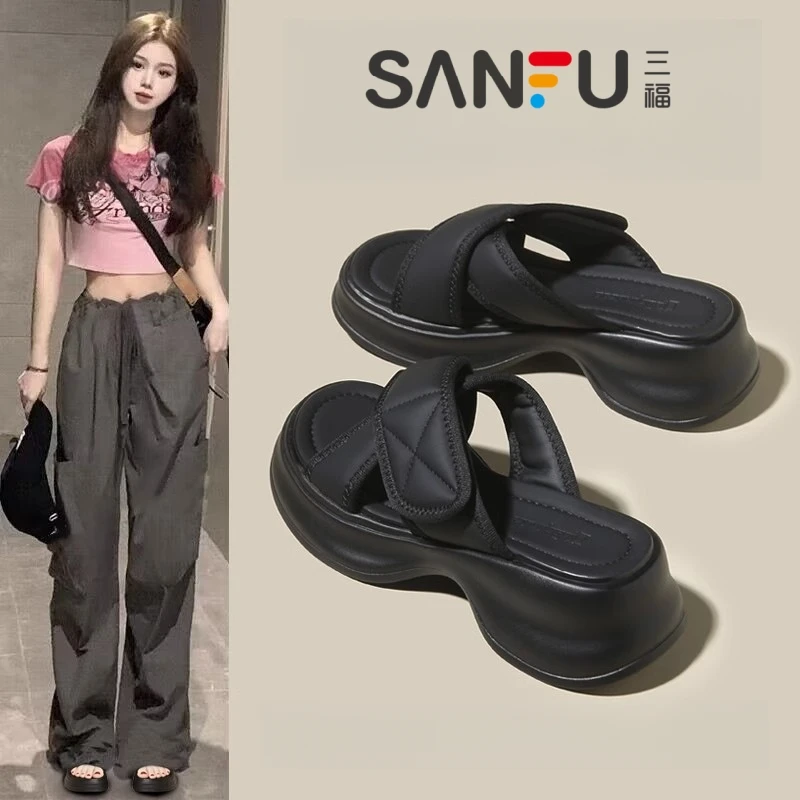 三福凉拖鞋女夏外穿2025新款一字厚底魔术贴松糕休闲沙滩凉鞋拖鞋