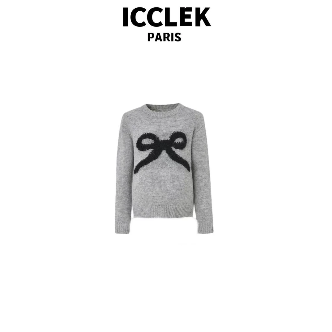 ICCLEK 灰色蝴蝶结圆领长袖针织衫-5111