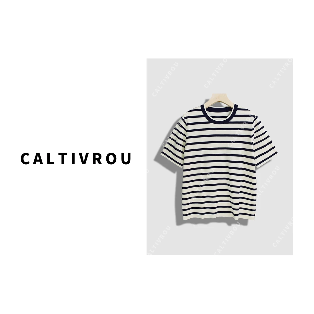 Caltivrou蕊蕊1】条纹t恤短袖女小个子天丝针织打底内搭上衣Y15318