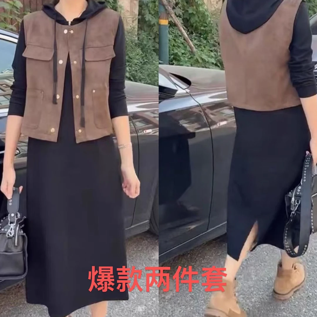 早秋新款洋气百搭马甲连帽卫衣连衣裙两件套F时尚百搭宽松显瘦女