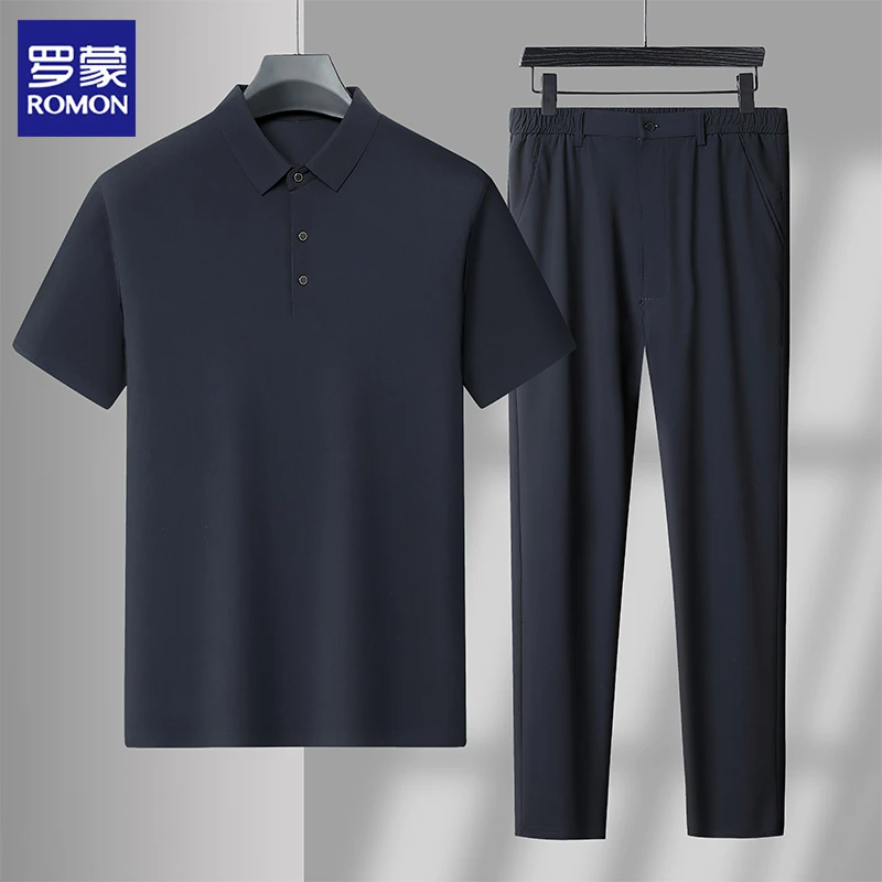 罗蒙男士半袖休闲运动套装透气舒适夏装短袖运动弹力翻领夏季薄款