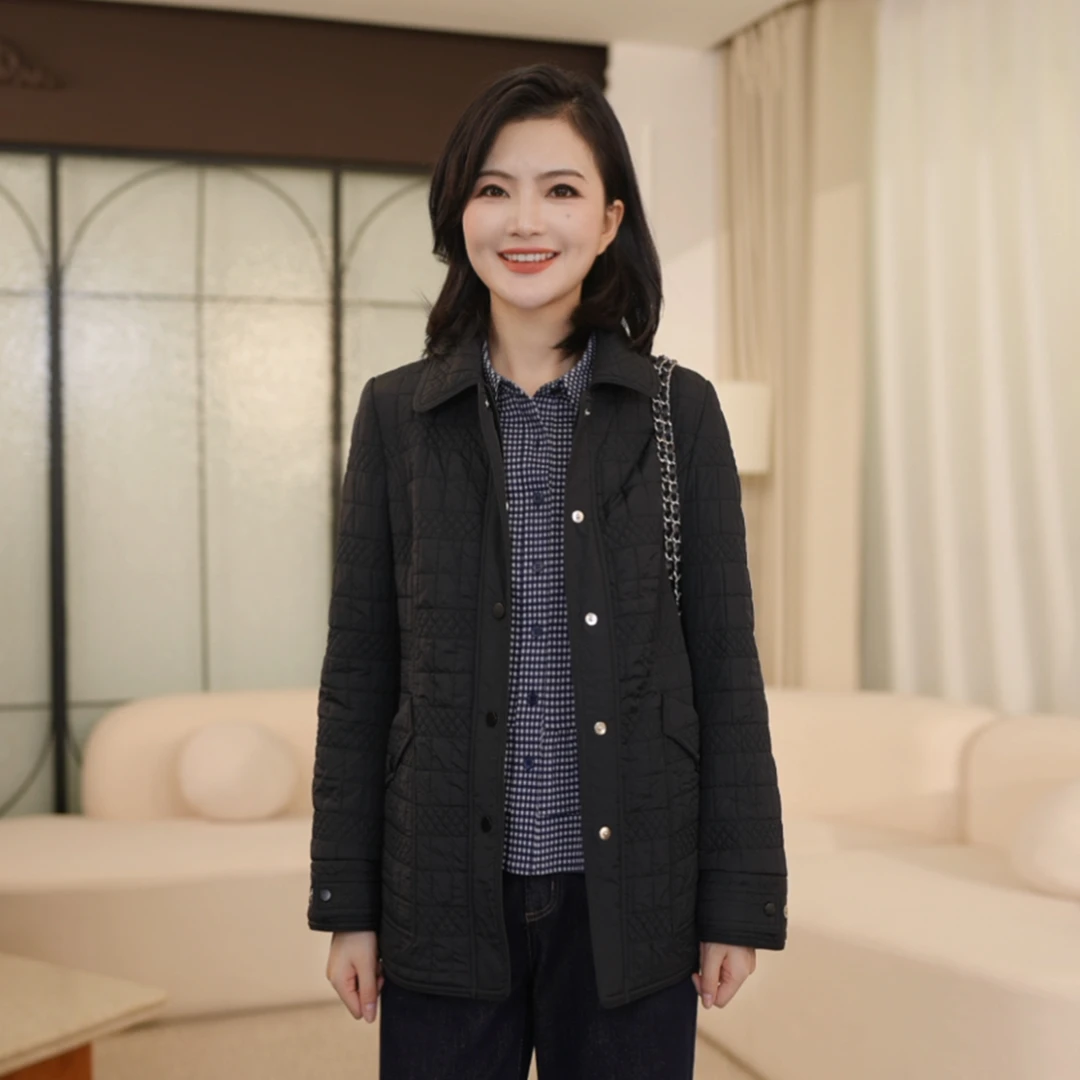 枫竺阿楠anan休闲通勤翻领绗缝薄款中长款衬衫棉服女秋冬保暖外套