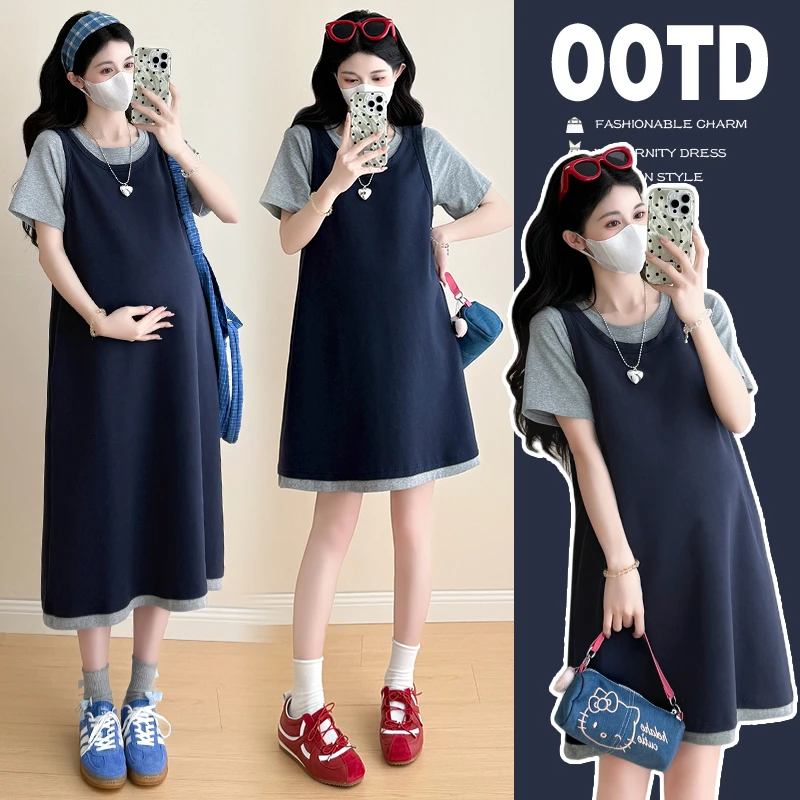 实拍现货2025夏季新品孕妇拼接假两件宽松显瘦中长款孕妇连衣裙