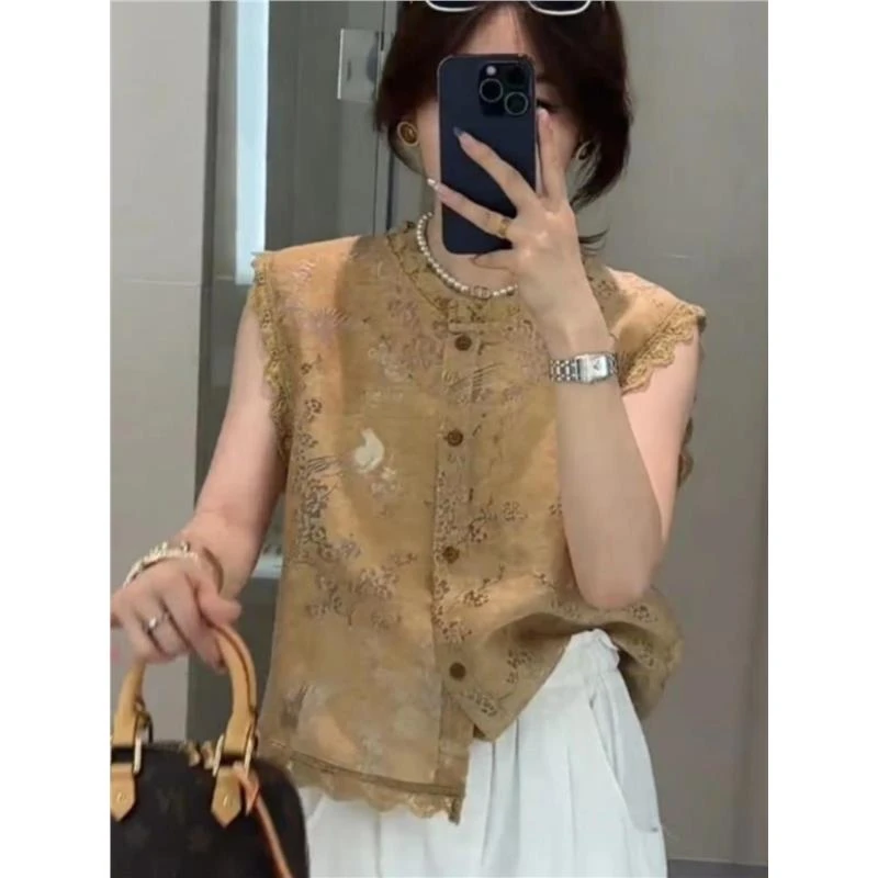 2025夏季新款女士蕾丝镂空衬衫法式别致漂亮小衫无袖中式马甲上衣