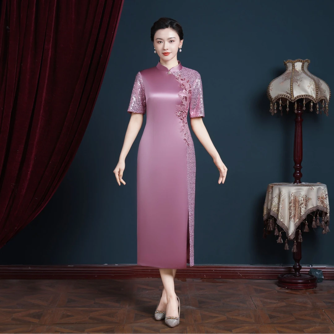61663新品气质妈妈婚宴礼服裙年轻高贵喜婆婆装新中式旗袍连衣裙
