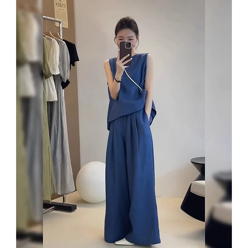韩式简约休闲亚麻套装女夏季时髦减龄轻熟风无袖上衣阔腿裤两件套