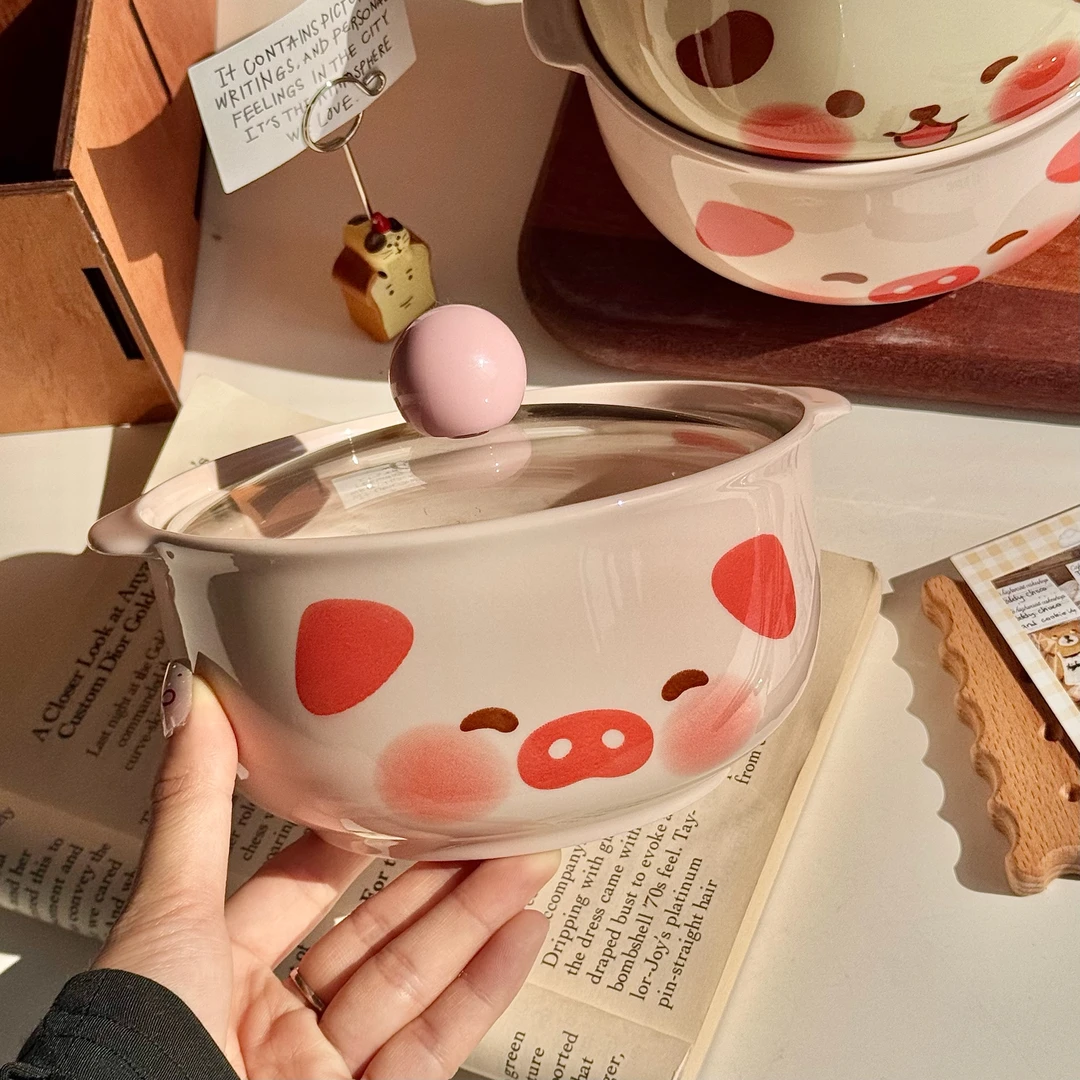 高颜值可爱泡面碗带盖宿舍学生陶瓷方便面双耳螺蛳粉碗釉下彩带盖