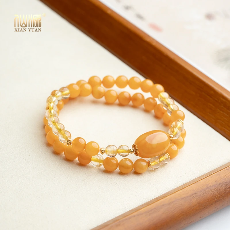 蜜蜡6mm+金发晶925银双圈手串原创国风天然珠宝弹力绳手串