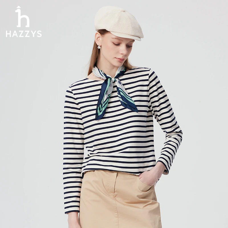 宋佳同款内搭 Hazzys哈吉斯女士春季条纹T恤长袖圆领