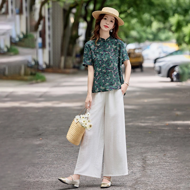 工装风文艺气质时尚套装轻熟风夏季时尚唐装新中式民族风印花夏装