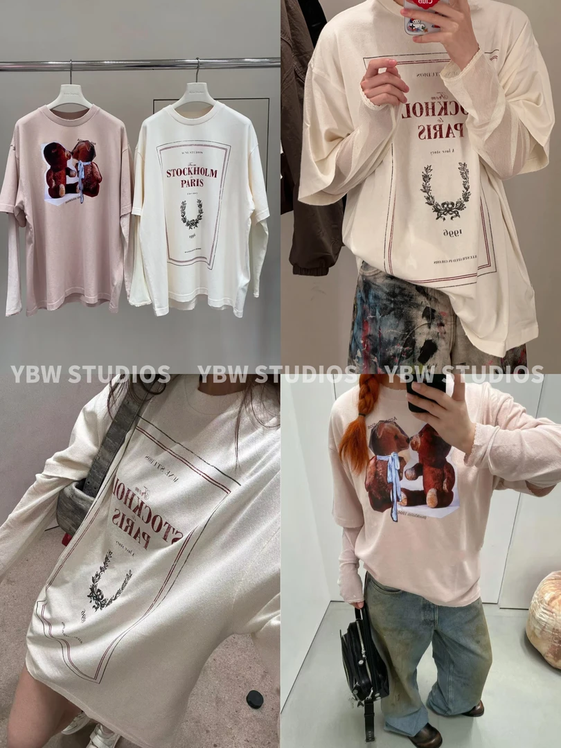 【YBW】Ac*25FW最新款小熊印花假两件宽松T恤