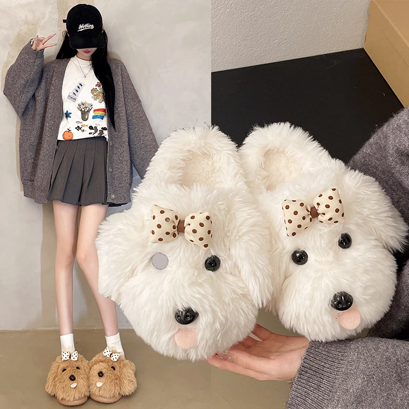 居家包头半拖鞋2025秋冬季新款外穿可爱少女心卡通小狗毛毛拖鞋女