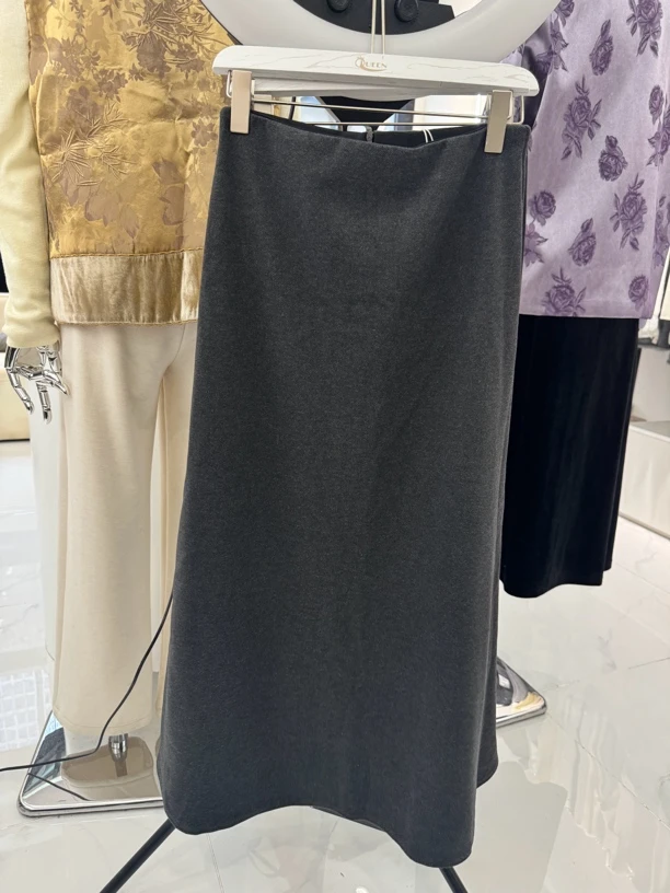 灰色松紧腰a字长裙