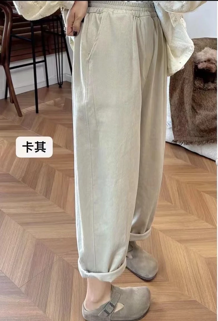 加厚秋冬磨毛 韩国东大门 挽边松紧腰宽松显瘦休闲裤 遮肉卷边裤