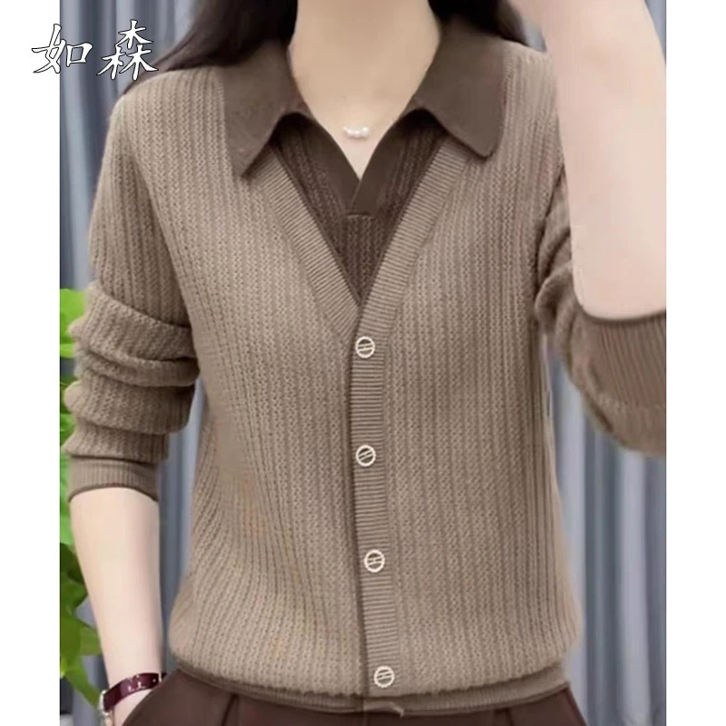 假两件拼接撞色翻领独特针织衫女2025秋季新款洋气百搭长袖上衣潮