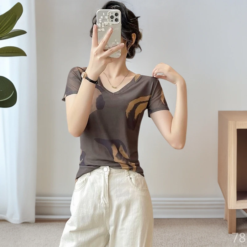 时尚潮牌纱衣气质修身女人味显瘦网红洋气衣服女夏季网纱短袖上衣