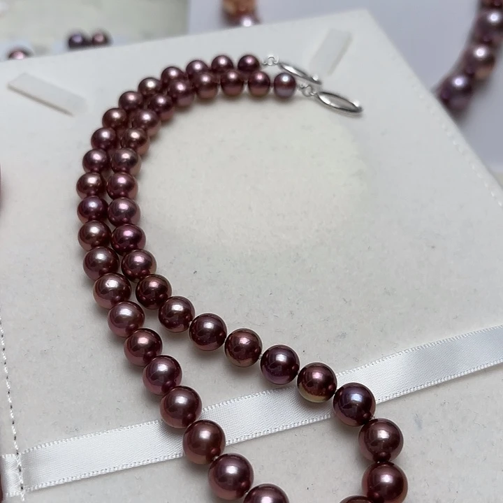 淡水珍珠颈饰银S925镶嵌8-10正圆拉菲酒红