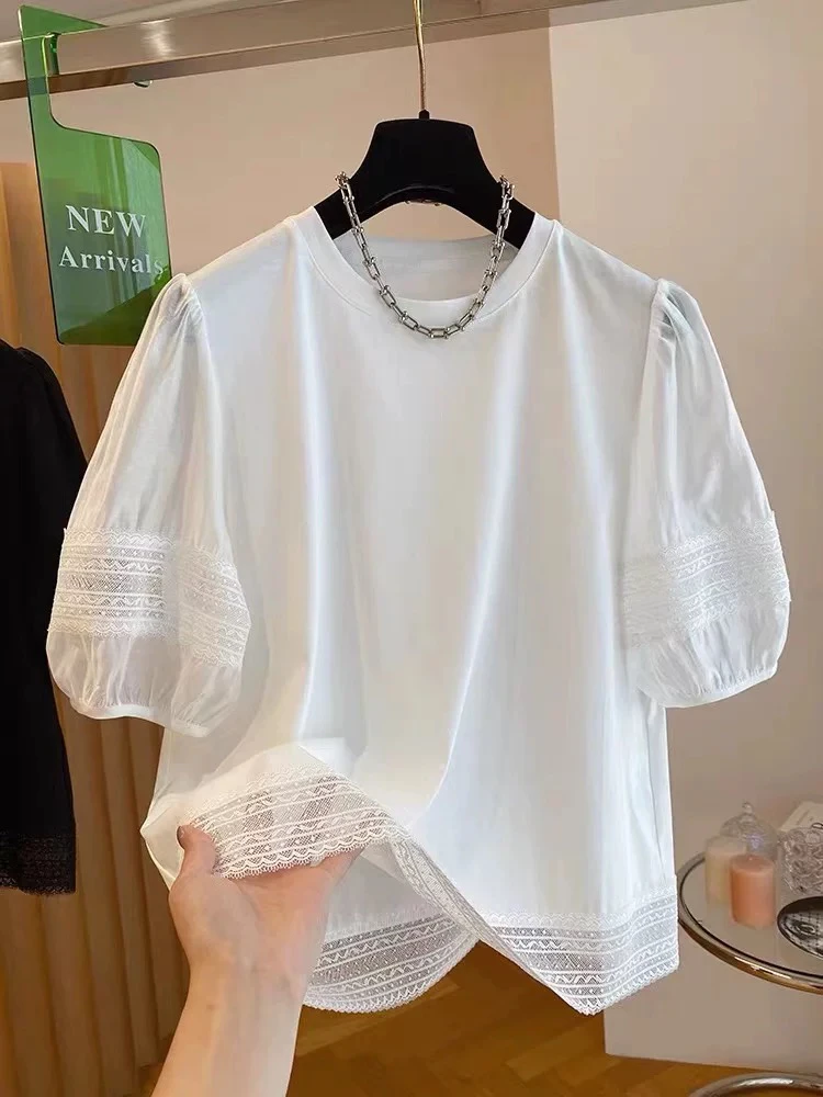 高级感蕾丝拼接泡泡袖t恤女短袖2025夏季新款宽松洋气网纱袖上衣