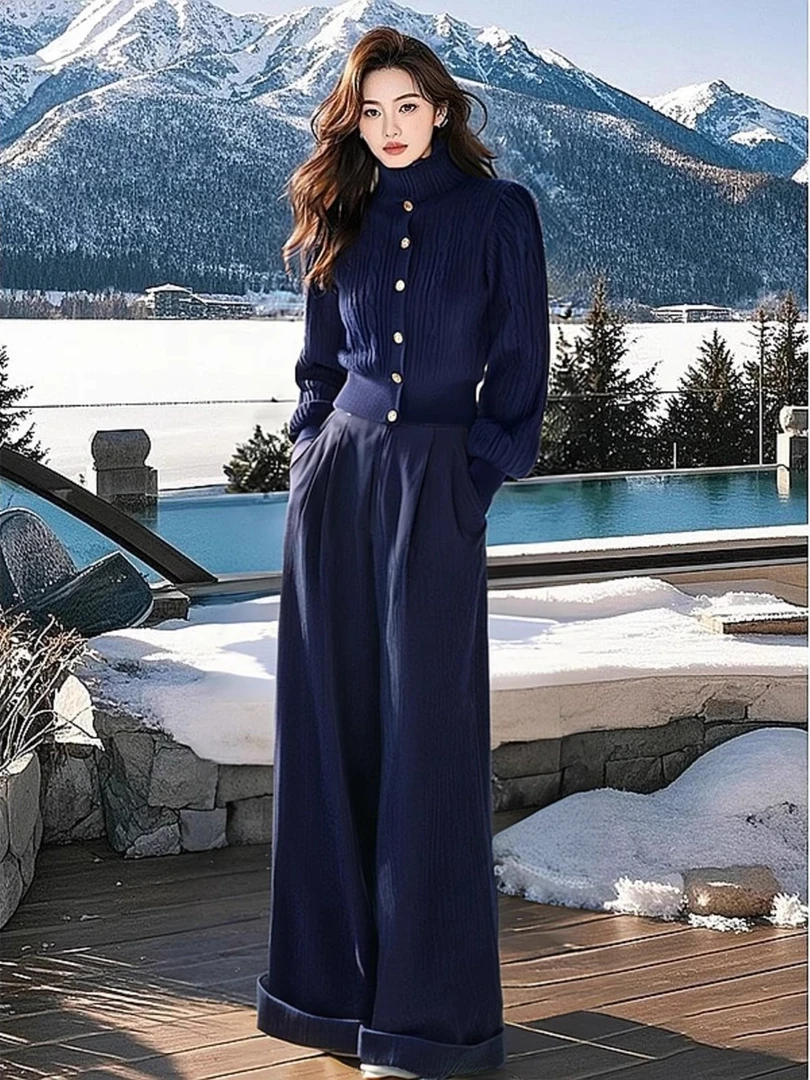 韩系搭配一整套春秋小香风藏蓝色高领毛衣灯芯绒阔腿裤针织套装