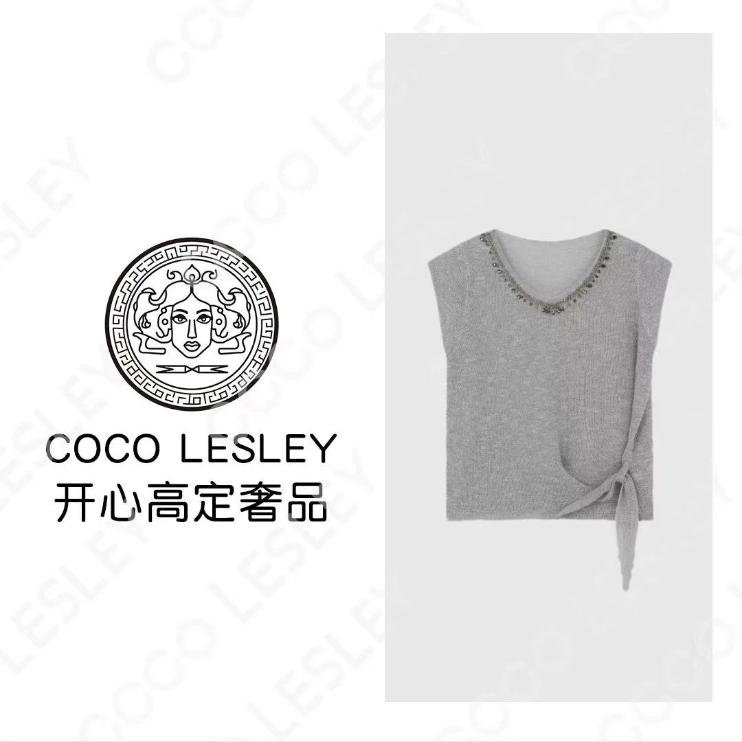 【 COCO LESLEY】夏季串钻v领不规则系带欧若风小飞袖针织衫V29897