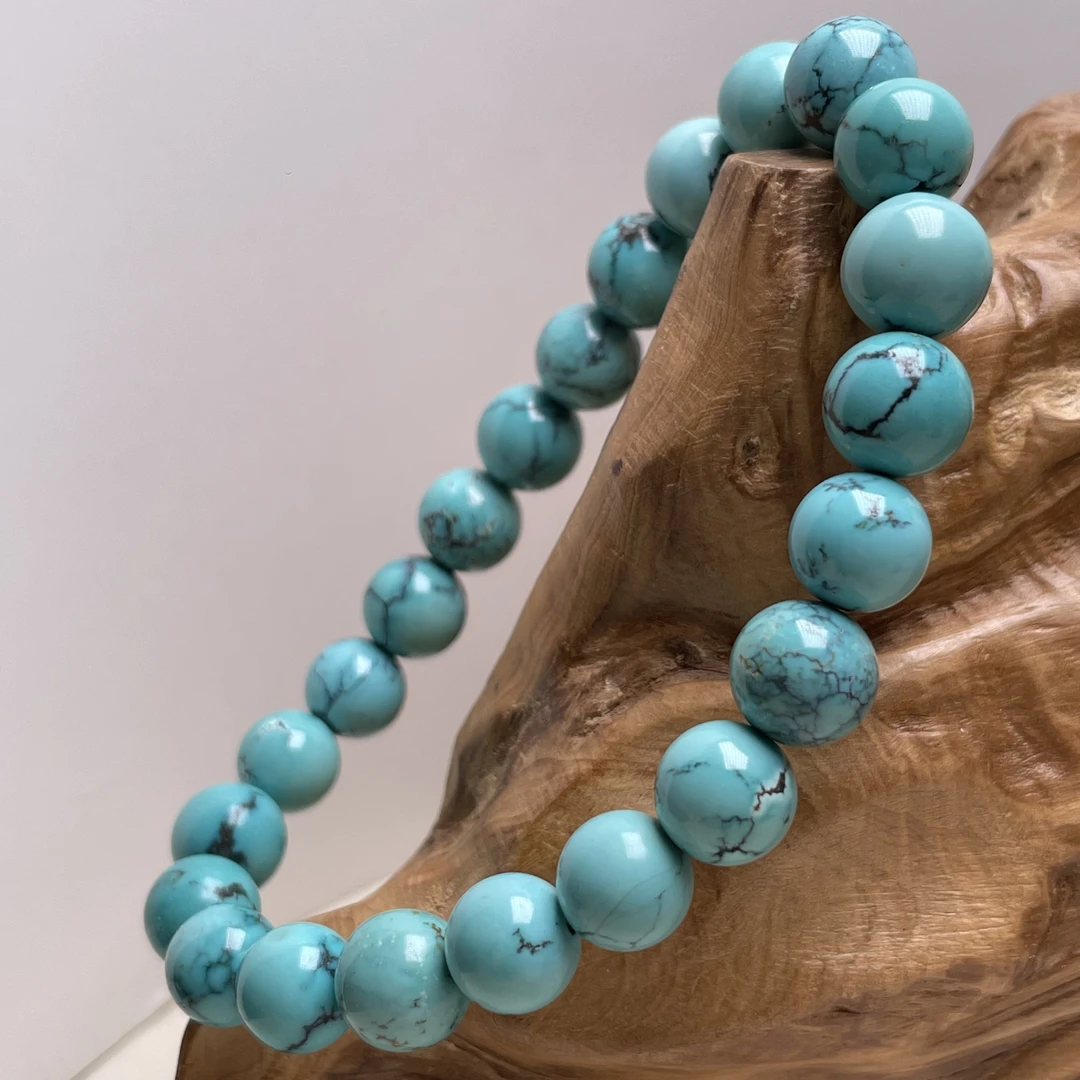 原矿绿松石圆珠单圈手串9mm重21.7克水草纹无坑裂无水无油无科技