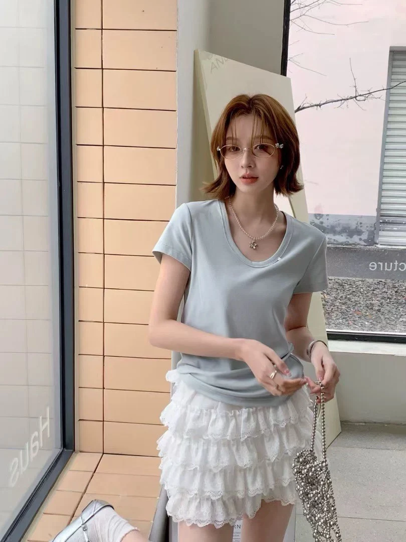 炸款～百搭高弹力贝壳口U领显瘦短袖831