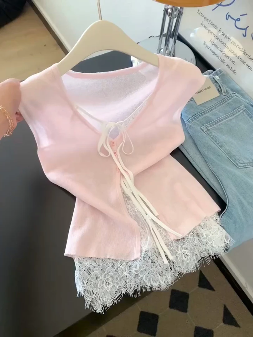 2025夏季新款蝴蝶结系带无袖背心女设计感拼接薄款V领上衣ins
