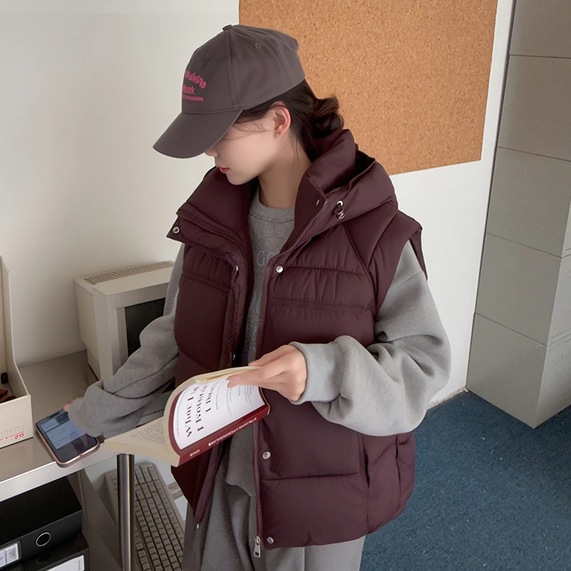 2025年秋冬季短款女连帽拉链洋气时尚立领小个子加厚女士坎肩马夹