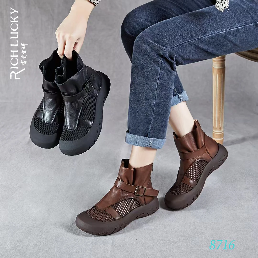 低筒复古英伦休闲后拉链夏季镂空圆头厚底高帮女平底马丁靴